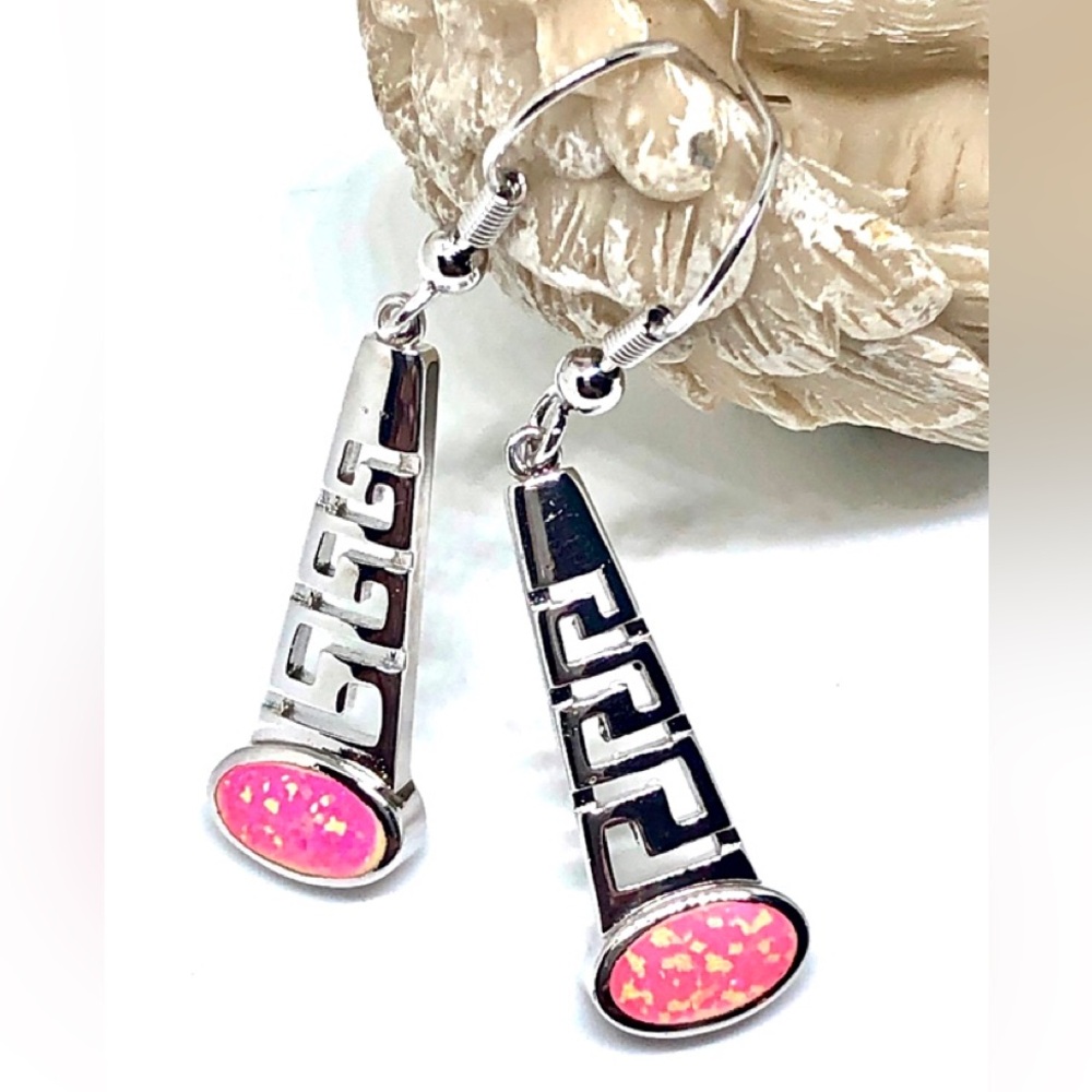 Fuchsia Pink Yellow Synthetic Fire Opal Greek Key Graduated Linear Earrings NWOT